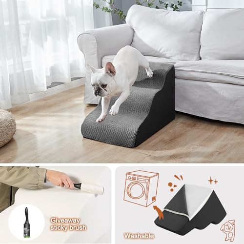 Dog Stairs Ramps for Small/Medium Dogs to Beds and Couch Up to 24'', 4-Step Dog Steps with Sturdy High-Density Foam, Pet Stairs with Non-Slip Bottom for Puppy and Cat, with Hair Remover Roller, White