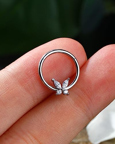 Jewseen 16G Butterfly Septum Ring Nose Ring Hoop CZ Hinged Segment Ring Septum Clicker Cartilage Earring Hoop Helix Piercing Daith Earrings Tragus Piercing Jewelry for Women Men