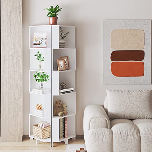 Function Home 9 Tier Tree Bookshelf, Modern Tall Geometric Bookcase, Freestanding Book Shelf, Wood Floor Storage Shelf for Living Room, Bedroom, Home Office,White