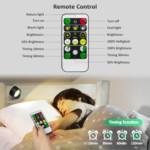 LED Wall Sconces with Remote, Wall Mounted Lights Rechargeable Battery Operated, 3 Color Temperatures & Dimmable Wall Lamp Magnetic 360° Rotation Wireless Light for Bedroom Living Room