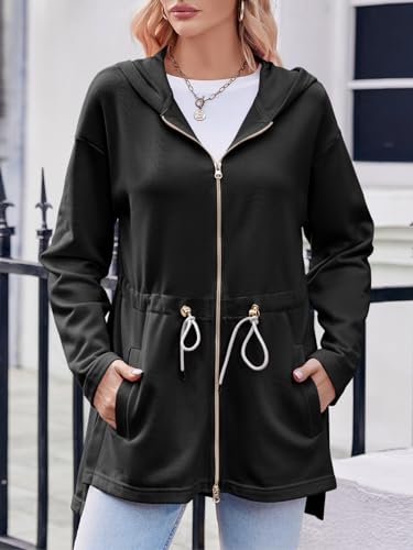Fisoew Women's Zip Up Hoodie Sweatshirts Oversized Long Sleeve Casual Drawstring Waist Side Slit Tunic Tops (US, Alpha, Small, Regular, Regular, Black)