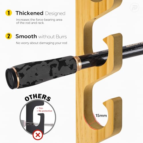 PLUSINNO WH5 Horizontal Fishing Rod/Pole Holders for Garage, Wall or Ceiling Mounted Fishing Rod Rack, Solid Wood Fishing rod Holder Holds up to 5 Rod or Combos or Nets Storage Racks