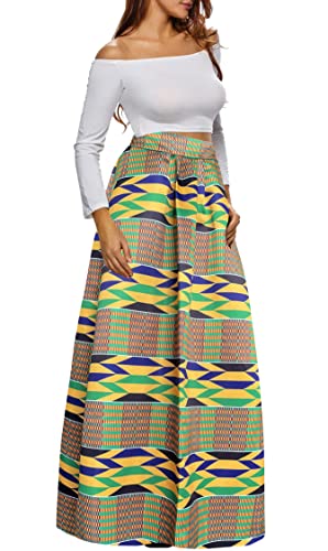Afibi Women African Printed Casual Maxi Skirt Flared Skirt A Line Long Skirts with Pockets (Medium, Pattern 12)