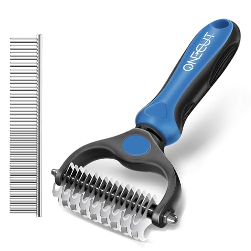 OneCut Pet Grooming Brush and Metal Comb Combo, Pet Grooming Rake and Brushes for Small, Medium & Large Dogs Double Sided Deshedding Tool Removes Knots and Tangled Hair (Blue)