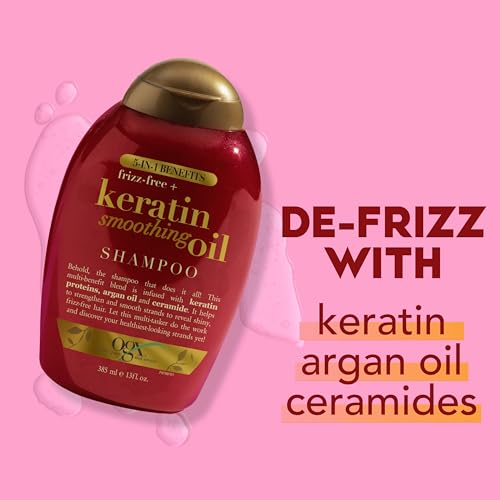 OGX Frizz-Free + Keratin Smoothing Oil Shampoo, 5 in 1, for Frizzy Hair, Shiny Hair, 13 Fl Oz