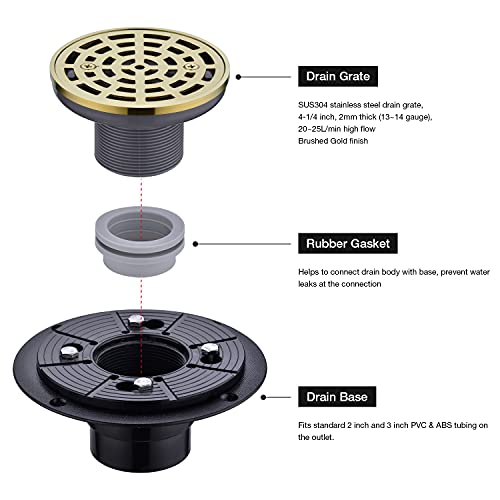 4 1/4 Inch Round Shower Floor Drain Grate with 2 Inch Threaded Adaptor and Drain Base Flange, Brushed Gold