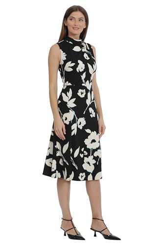 Maggy London Women's Plus Size High Neck Empire Waist Midi Dress Career Workwear, Bloom-Black/Cream