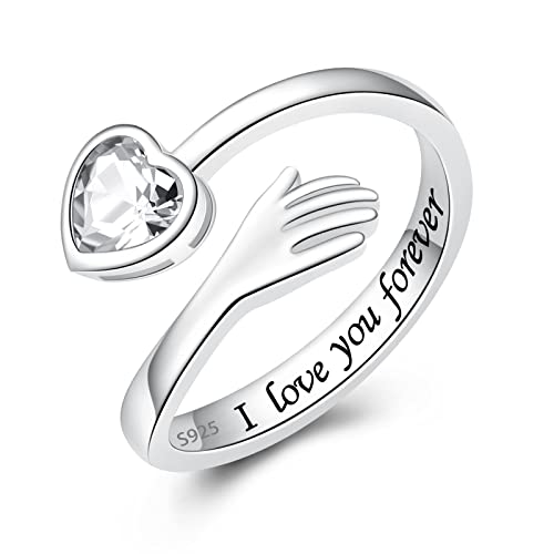 ACJFA 925 Sterling Silver Hug Ring for Women Teens I Love You Gifts for Her 12 Birthstones CZ Adjustable Ring Jewelry Mothers Day Birthday Holiday Gifts