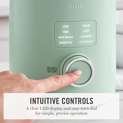 Martha Stewart Countertop Blender, 50oz Jar, 6 Stainless Steel Blades 3 Speeds & 5 Presets, Auto Clean, Smoothies, Crush Ice, Shakes, Chop, Margarita, Measurement Markings, 700W, Honeydew Green