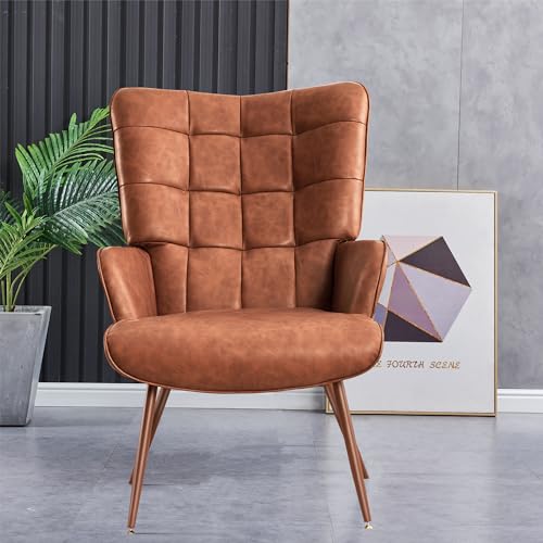 Kosydown Basic Leather Accent Chair, Brown Living Room Chair,High Back Accent Chair,PU Faux Leather Wingback Chair, Bedroom Chair