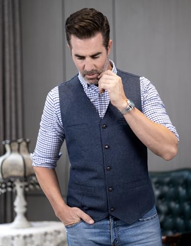 Mens Suit Vest Waistcoat Tweed Retro V Neck Wool Herringbone for Prom