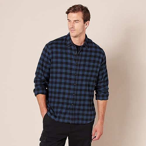 Amazon Essentials Men's Slim-Fit Long-Sleeve Button Down Plaid Flannel Shirt, Navy Red Plaid, Small
