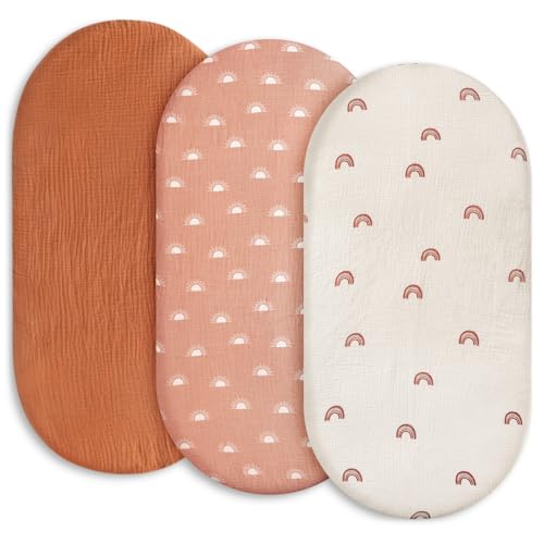 Gllquen Baby Muslin Bassinet Sheets 3 Pack, Breathable Elastic Cozy Fitted Cotton Bassinet Mattress Sheet for Baby Boy Girls, Fit for Hourglass Oval Rectangular Cradle Pad Sheets 33"X17" (Green)