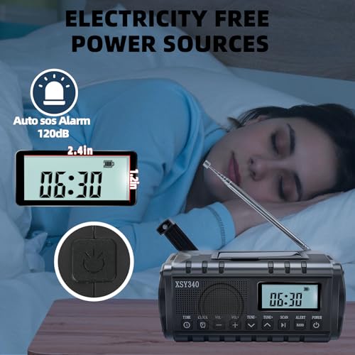 Emergency Crank Weather AM/FM Radio with 2 Solar Panels 5 Charging Modes NOAA Weather Scan 3 Modes Flashlight Cell Phone Charger SOS Alarms for Home Outdoor (Gray)
