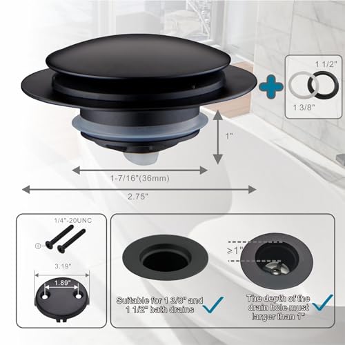 Black Tub Drain Stopper,Welsan Universal Pop Up Bathtub Stopper Replacement Tip Toe, Lift and Turn with 2-Hole Overflow Face Plate Cover and EZ Bath Tub Plug Stopper (Matte Black)