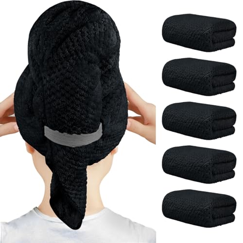 HOMEXCEL Black Microfiber Hair Towels 5 Pack, 40 x 20 Inches Black Salon Towels, Super Soft and Absorbent Hair Towel for Salon, Spa, Pool and Home Hair Care, Fast Drying Turbans for All Hair