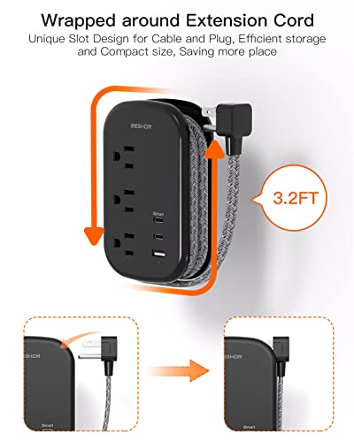 USB C Travel Power Strip, Ultra Flat Extension Cord, Flat Plug Power Strip, 3 Outlets with 3 USB Ports(2 USB C), 3.2ft Wrapped Around Extension Cord for Cruise Ship, Travel Essentials, Black
