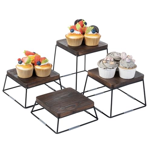 MyGift 6 Inch Square Display Risers for Food, Set of 4 Buffet Risers, Burnt Brown Solid Wood Top Riser with Matte Black Metal Wire Base, Dessert Table Display Cupcake Stands Set