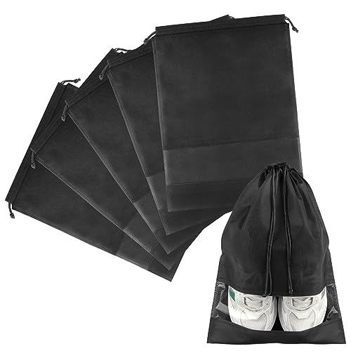 Shoe Bags for Travel, 5 Pcs Large Black Travel Shoe Bags for Packing, Non-Woven Drawstring Travel Shoe Storage Bag with Clear Window, Travel Shoe Bags for Packing for Men Women(12.6" X 17.3" )