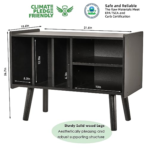 Record Player Stand with Vinyl Storage Holds Up to 300lb, Large Record Player Table Cabinet for Album Storage with Holder Vinyl Display Shelf, Wood Turntable Stand for Bedroom Living Room (Black)