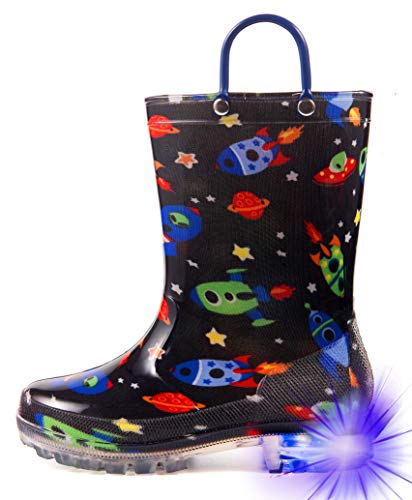 HugRain Toddler Boys Rain Boots Little Kids Baby child Light Up Waterproof Rubber Shoes Printed Mud Lightweight Adorable with Easy-On Handles Non Slip Sole Crane Excavator Blue Size 6