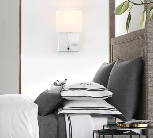 PERMO Single Wall Sconce Light Fixture Brushed Finish with White Textile Shades and On/Off Switch Button Small Modern Nightstand Lamps for Bedrooms Bedside Reading