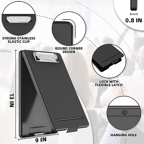 Clipboard with Storage, Plastic Storage Nursing Slim Clipboard with Low Profile Clip, Foldable Letter Size for Nurse, Kid, Salary, Coach, Jobsite, Industrial, Office(9" x 13"x 0.8", Black)