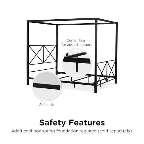 DHP Rosedale Metal Canopy Bed Frame with Four Poster Design and Geometric Accented Headboard and Footboard, Underbed Storage Space, Queen, Black