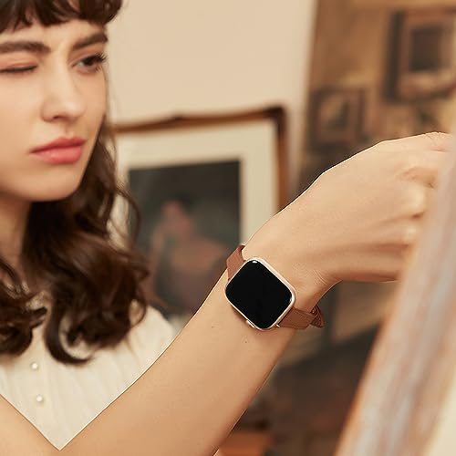 Charlam Slim Leather Band Compatible with Apple Watch Band 40mm 38mm 41mm 42mm 44mm 45mm 46mm Women,Top Grain Genuine Leather Strap Thin Wristband for iWatch Series 10 9 8 7 6 5 4 3 2 1 SE Ultra,Camel