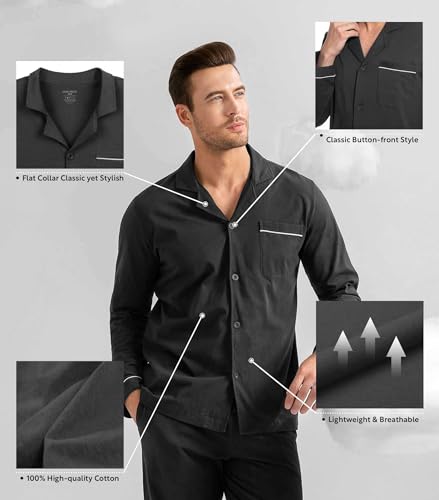 DAVID ARCHY Mens Pajamas Set Soft Cotton Notched Collar Pajamas for Men Long Sleeve Mens Sleepwear with Pockets & Front Fly (S, Black)