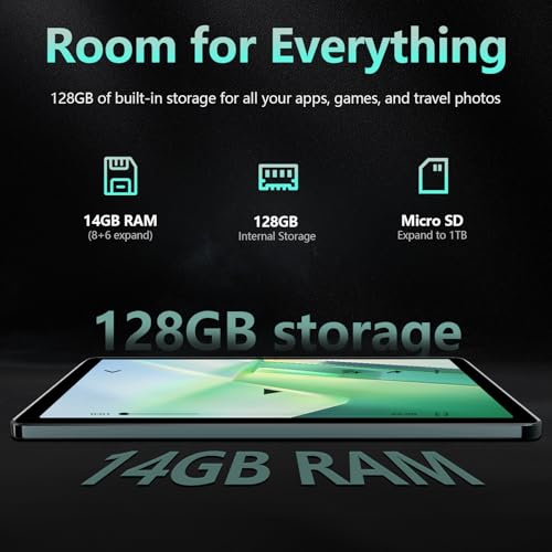 Android 14 Tablet 10 Inch, 4G Cellular Tablet, Octa-Core, 128GB Storage + 14(8+6)GB RAM/ 1TB Expandable, 5G WiFi, 8000mAh Battery, Bluetooth 5.0, 13MP+8MP Camera, Tablet with Keyboard/Case Kit, Gray