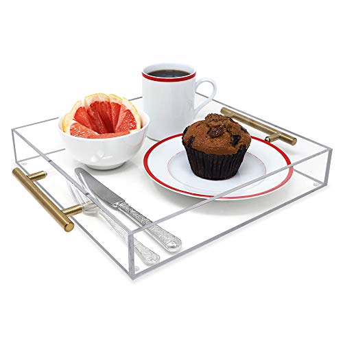 Isaac Jacobs Clear Acrylic Serving Tray (12x12) with Gold Metal Handles, Spill-Proof, Stackable Organizer, Food & Drinks Server, Indoors/Outdoors, Lucite Storage Décor (12x12, Clear with Gold Handle)