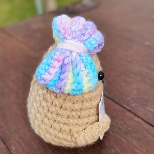 qyqkfly 1 Pcs Mini Cute Funny Positive Life Bunny Creative Knitted Animal Holding Card Crochet Easter Birthday Christmas Girls Gifts Party Decor(Potato)