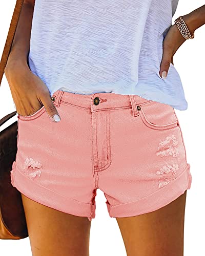luvamia Jean Shorts Womens Mid Rise Causal Ripped Folded Hem Jean Shorts Women High Waisted Jean Shorts Jeans Shorts for Women Classic Blue Size Large Fits Size 12 / Size 14