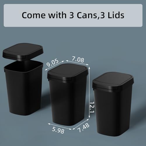 KSSKSS 3 Pack Bathroom Small Trash Can with Lid, 2.6 Gallon Slim Garbage Bin with Pop-Up Lid, 10L Plastic Wastebasket with Press Top Lid for Bedroom, Office, Kitchen, Toilet (Black)