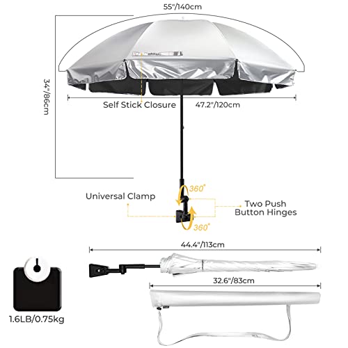 Prospo Beach Chair Umbrella with Universal Adjustable Clamp, UV Protection Sunshade Umbrella for Outdoor, Strollers, Wheelchairs, Patio Chairs, Bleacher, and Golf Carts