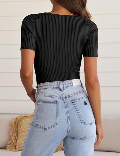 ZESICA Women's Short Sleeve T Shirts 2024 Summer V Neck Tops Casual Ribbed Knit Slim Fit Basic Tees,White,Small