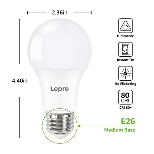 Lepro Dimmable LED Light Bulbs 60 Watt Equivalent, 9.5W 800LM Soft Warm White 2700K, A19 E26 Standard Medium Base, UL FCC Listed, 15000 Hour Lifetime, 5 Packs