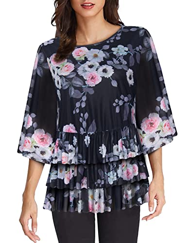 MOQIVGI 3/4 Sleeve Tops for Women Dressy Work Casual Spring Summer Clothes Trendy Elegant Layered Ruffle Floral Shirts Going Out Holiday Peplum Blouses Black Medium