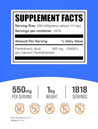 BulkSupplements.com Vitamin B5 Powder - as Calcium Pantothenate, B5 Vitamins - Gluten Free, 500mg of Vitamin B5 Pantothenic Acid per Serving, 1kg (2.2 lbs) (Pack of 1)