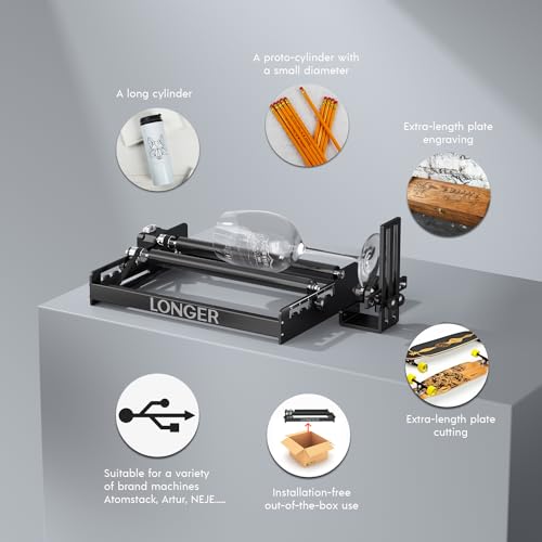 LONGER Laser Engraver Rotary Roller, Y-axis Rotary Roller 360° Rotation for Laser Engraver Engraving Cylindrical Objects Tumblers Cans Cups Bottles, Adjustable 6-200mm Diameters