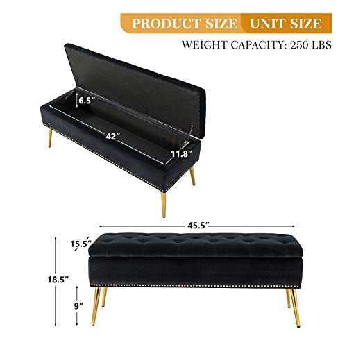 HULALA HOME Modern Velvet Storage Ottoman Bench with Gold Base & Nailhead Trim, Upholstered Bedroom Bench for End of Bed, Button-Tufted Footstool for Entryway Living Room Dining Room, Black