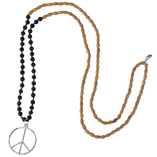 KELITCH Classic Peace Sign Necklace Love Hippie Pendant Frosted Crystal Beaded Necklace (Grey White)