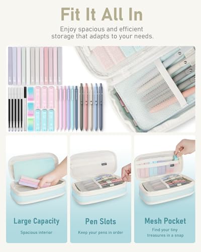 Four Candies 39 PCS Aesthetic School Supplies with Cute Pen Case, 12 Pastel Highlighters, 5 Black Ink Gel Pens, 6 Mechanical Pencils Set 0.5 & 0.7mm for Students Stationary College Essentials (Blue)