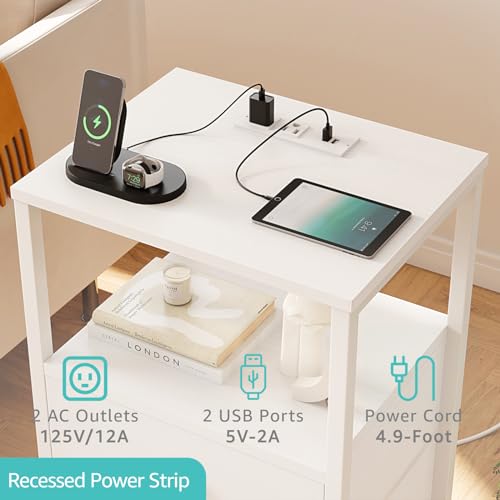 KAI-ROAD Black Night Stand with Charging Station and USB Ports, Small Nightstand with Drawers and Shelf Storage End Table for Bedroom, Dorm, Modern Bedside Table