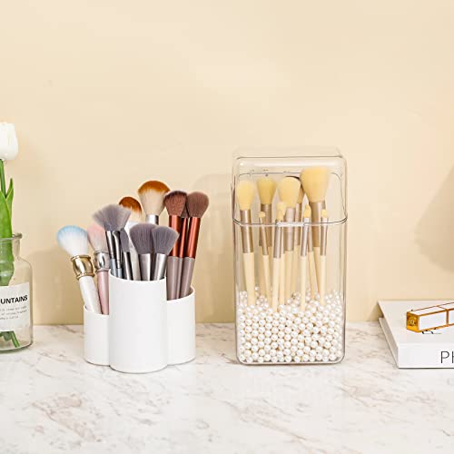 Yesesion Makeup Brush Holder with White Pearls, Clear Cosmetics Brushes Organizer with Lid, Large Capacity Storage Box for Vanity, Bathroom Counter, Dresser, Hair Accessories Organizer for Girls