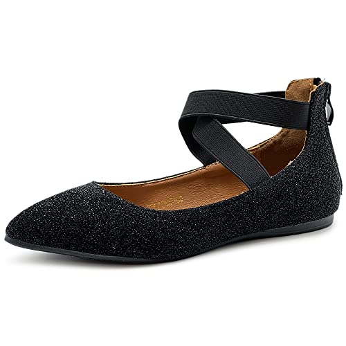 Ollio Women's Glitter Elastic Ankle Strap Pointed Toe Ballet Flats F189 (6 B(M) US, Silver)