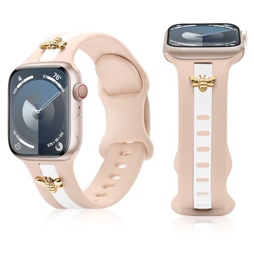 Silicone Strap for Apple Watch Band 44mm 45mm 42mm, Stylish Bracelet with Cute Rose Gold Bee Charms for iWatch Series 10 9 8 7 6 5 4 3 SE, Designer Sport Wristbands for Apple Watch Bands Women Pink