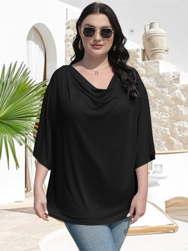 MK Shop Limited Plus Size Tops for Women Dressy 2024 Summer Casual 3/4 Sleeve Shirts Trendy Folded Neck Tee Slim Fit Short Sleeve Blouses Going Out Loose Outfits Black