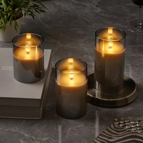 CozierGlow Glass Wax Flameless Pillar Candles Flickering with Remote Timer, Battery Operated LED Candles up to 400 Hours,3D Moving Flame Candles, Set of 3, D3 x H4, 5", 6",Remote Included (Gray).